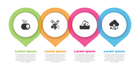 Set Poison apple, Bottle with potion, Radioactive waste in barrel and Acid rain. Business infographic template. Vector
