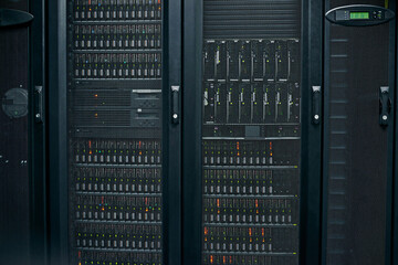 Server room, empty or hardware machine for networking connection, admin servers or cyber security...