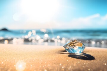 a bright shining diamond on a sand beach with a blurred sun and blue ocean in the background, Generative AI