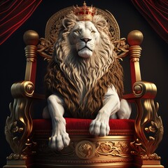 Royal lion king in sitting on a red throne