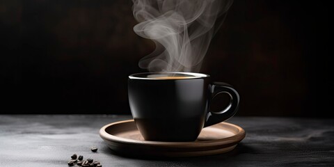 Cup of Coffee with smoke on wooden table. Hot coffee on a black background