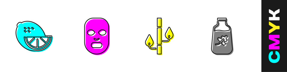 Set Lemon, Facial cosmetic mask, Bamboo and Essential oil bottle icon. Vector