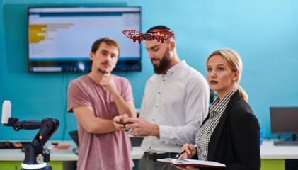  A group of students working together in a laboratory, dedicated to exploring the aerodynamic capabilities of a drone