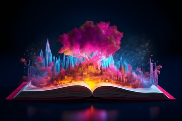 Obraz na płótnie Canvas Enchanting Fantasy Light with Imaginary Landscape Above Open Book - Generative AI