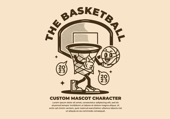 Vintage mascot character design of basket holding a ball