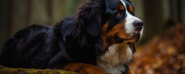 Majestic portrait of a Bernese mountain dog: Power and sweetness embodied in the beauty of this dog breed. generative AI. The faithful friend: a Bernese mountain dog posing.