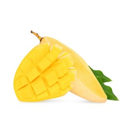 Mango fruits with slices and leaves isolated on white background.