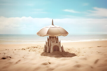 Fototapeta na wymiar sculpture of sand castle on the beach, concept art, sky and ocean on the background, Generative AI