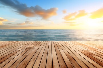 Naklejka na ściany i meble view of the ocean from a wooden dock, summer sun and sky over horizon, Generative AI