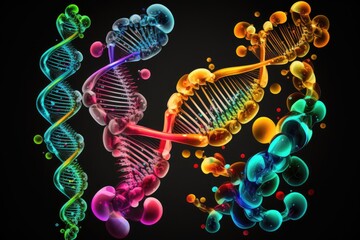 Digital illustration of different colored structures of DNA and molecule on black background