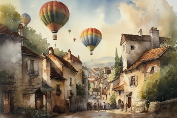 Fototapeta na wymiar Large balloons fly over a rural town. Hand-drawn watercolor Generative AI illustration. Postcard design, posters.