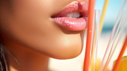 An illustration of a close up of woman lips with a drinking straw, summer refreshment concept. A.I. generated. - obrazy, fototapety, plakaty