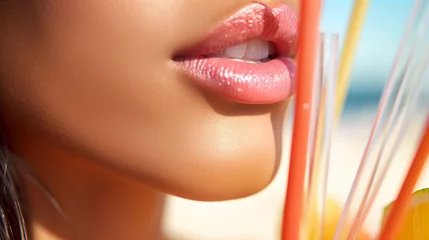 Fotobehang An illustration of a close up of woman lips with a drinking straw, summer refreshment concept. A.I. generated. © JPDC