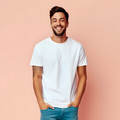 happy hipset in studio with white blank t shirt 