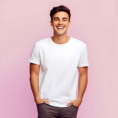 portrait of a happy man with hands in pocket and white  mock up t shirt ai generated art  - obrazy, fototapety, plakaty