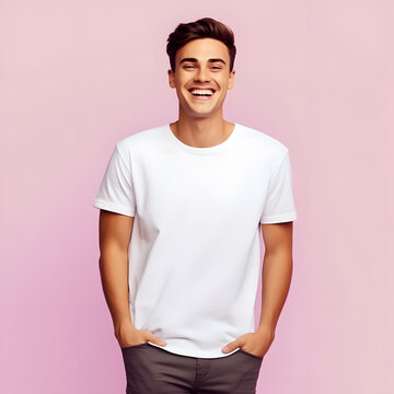 portrait of a happy man with hands in pocket and white  mock up t shirt ai generated art 