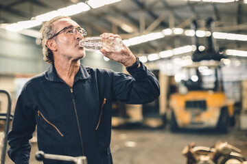 Thirsty senior male staff worker drinking water refreshing from tired hard work in hot workplace