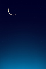 Fototapeta na wymiar Eid al Adha Mubarak card,Crescent Moon on Blue Twilight Sky in Evening,Vertical Sunset after sundown,Dusk sky with copy space,Vector banner Symbol Islamic Religion for Eid al fitr, Ramadan Kareem