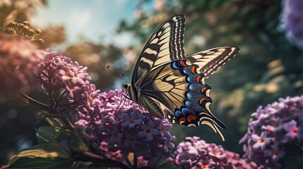 Obraz na płótnie Canvas Illustration of a Swallowtail butterfly feeding on a Buddleia flower. generative ai