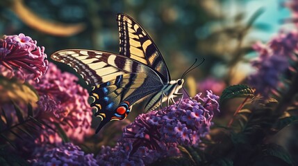 Fototapeta na wymiar Illustration of a Swallowtail butterfly feeding on a Buddleia flower. generative ai