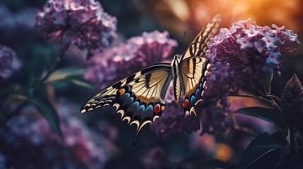 Fototapeta na wymiar Illustration of a Swallowtail butterfly feeding on a Buddleia flower. generative ai