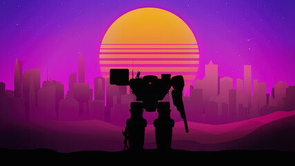 silhouette of a large combat mech against the backdrop of a city with skyscrapers and a sky with an evening sun in retrowave style
