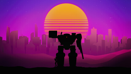 silhouette of a large combat mech against the backdrop of a city with skyscrapers and a sky with an evening sun in retrowave style © Denis Kadatsky