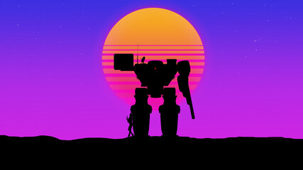 silhouette of a large combat mech against the background of the evening sun and sky in retrowave style