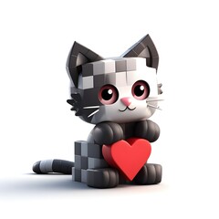 Cute black & white kitten holding a heart in the style of minecraft