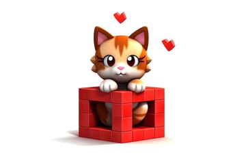 Cute kitten with hearts in the style of minecraft