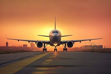 Fototapeta na wymiar Sunset Skyline. Plane Landing at the Airport. Airplane Transportation. Generative AI illustrations.