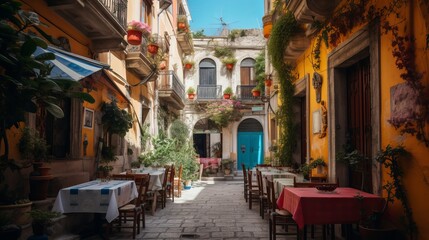 Famous colorful outdoor cafe in the most beautiful sicilian village Generative AI - obrazy, fototapety, plakaty