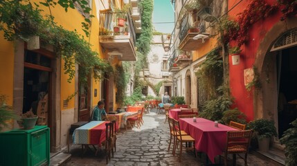 Fototapeta na wymiar Famous colorful outdoor cafe in the most beautiful sicilian village Generative AI
