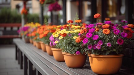 Flowerpot with flowers in outdoor cafe Generative AI
