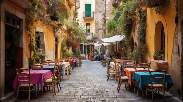 Famous colorful outdoor cafe in the most beautiful sicilian village Generative AI