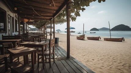 outdoor terrace cafe on sand beach Generative AI