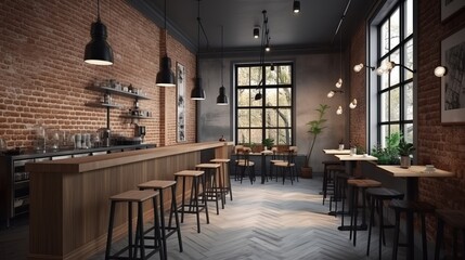 Modern cafe design interior with a brick wall. Loft design Generative AI