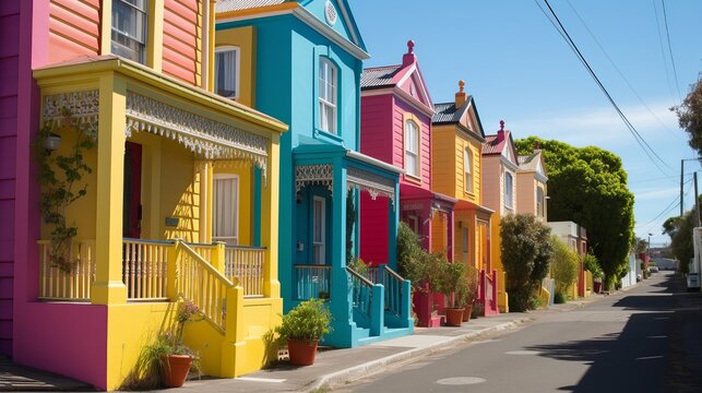 Row of brightly painted multicolored houses Generative AI