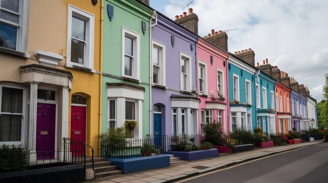Row of brightly painted multicolored houses Generative AI