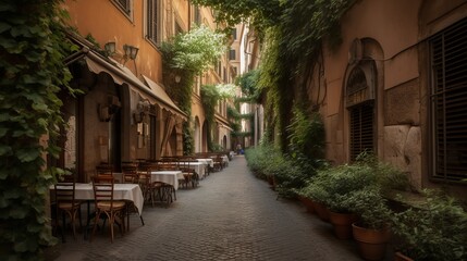 Fototapeta na wymiar Beautiful ancient street in Rome lined with leafy vines and cafe tables Generative AI