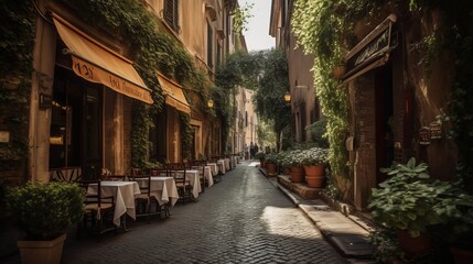 Fototapeta na wymiar Beautiful ancient street in Rome lined with leafy vines and cafe tables Generative AI