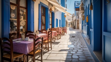 Typical greek restaurant on a sunny summer day Generative AI