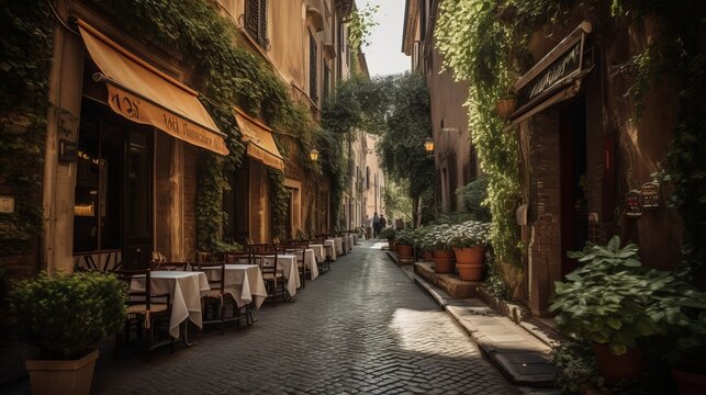 Fototapeta Beautiful ancient street in Rome lined with leafy vines and cafe tables Generative AI