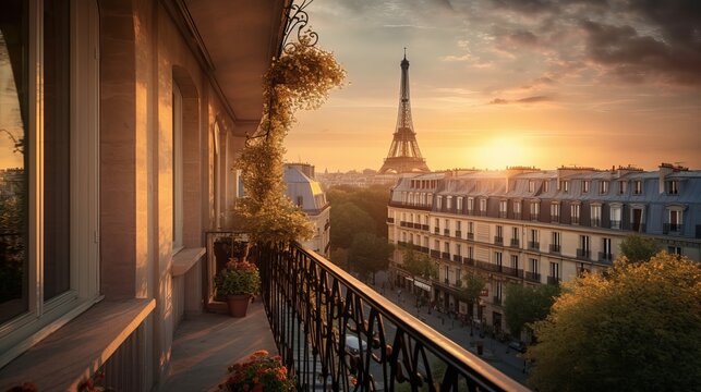 beautiful paris balcony at sunset with eiffel tower view Generative AI