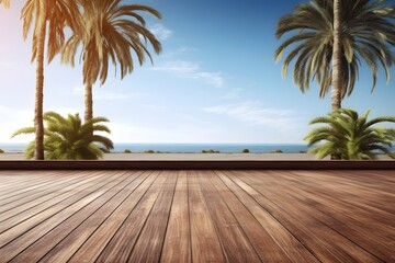 wooden deck overlooking the ocean with palm trees and blue sky, tropical summerб Generative AI