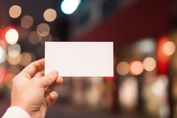 Hand holding white card with space to write, bokeh background, digital illustration. Generative AI