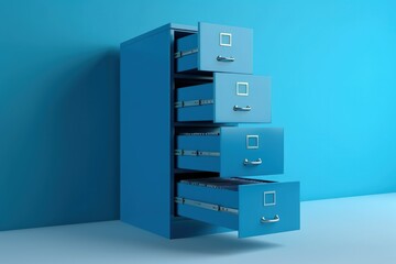 file cabinet, data storage concept, blue background, digital illustration. Generative AI