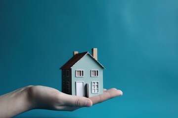 Hand holding a house, property and investment concept, blue background, digital illustration. Generative AI