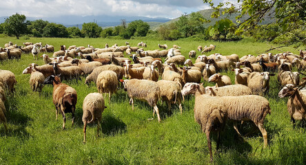 sheeps many in a green meadow in spring gazing cloudy sunny day