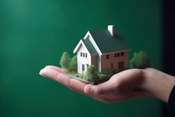 Fototapeta na wymiar Hand holding a house, property and investment concept, green background, digital illustration. Generative AI